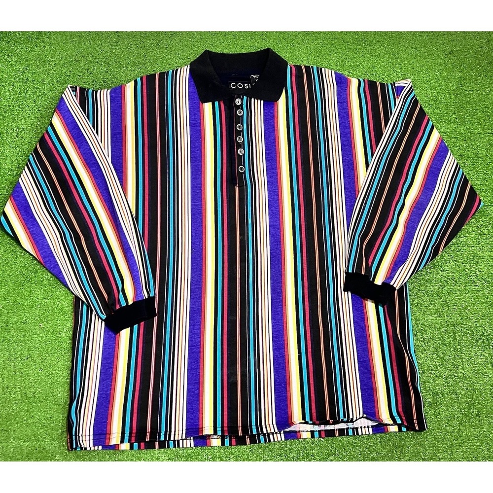 Vintage Rugby Polo Med. USA Made 6 Button Collared Henley Vibrant Stripe 90s 80s